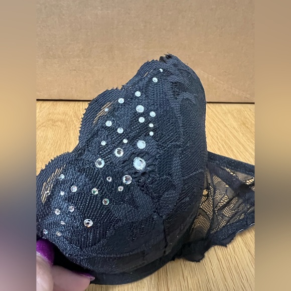 Victorias Secret Very Sexy Black Lace Rhinestone Bra Padded Push Up Vintage 34C - Picture 4 of 10